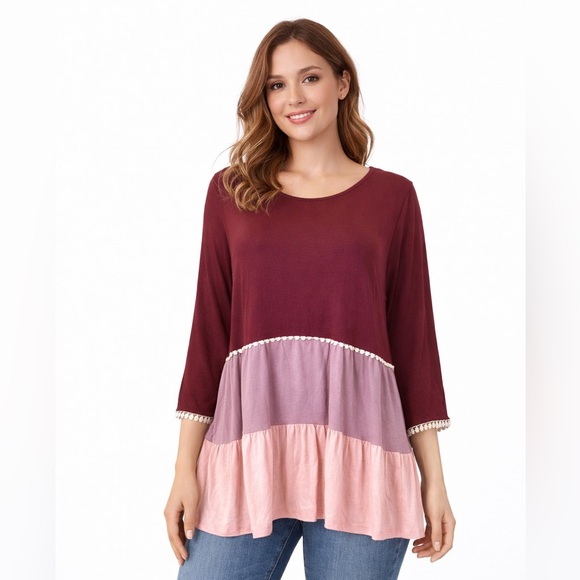 Adara Tops - Adara 1X Babydoll Tunic Top Crochet Trim Boho Colorblock Rayon NWOT
